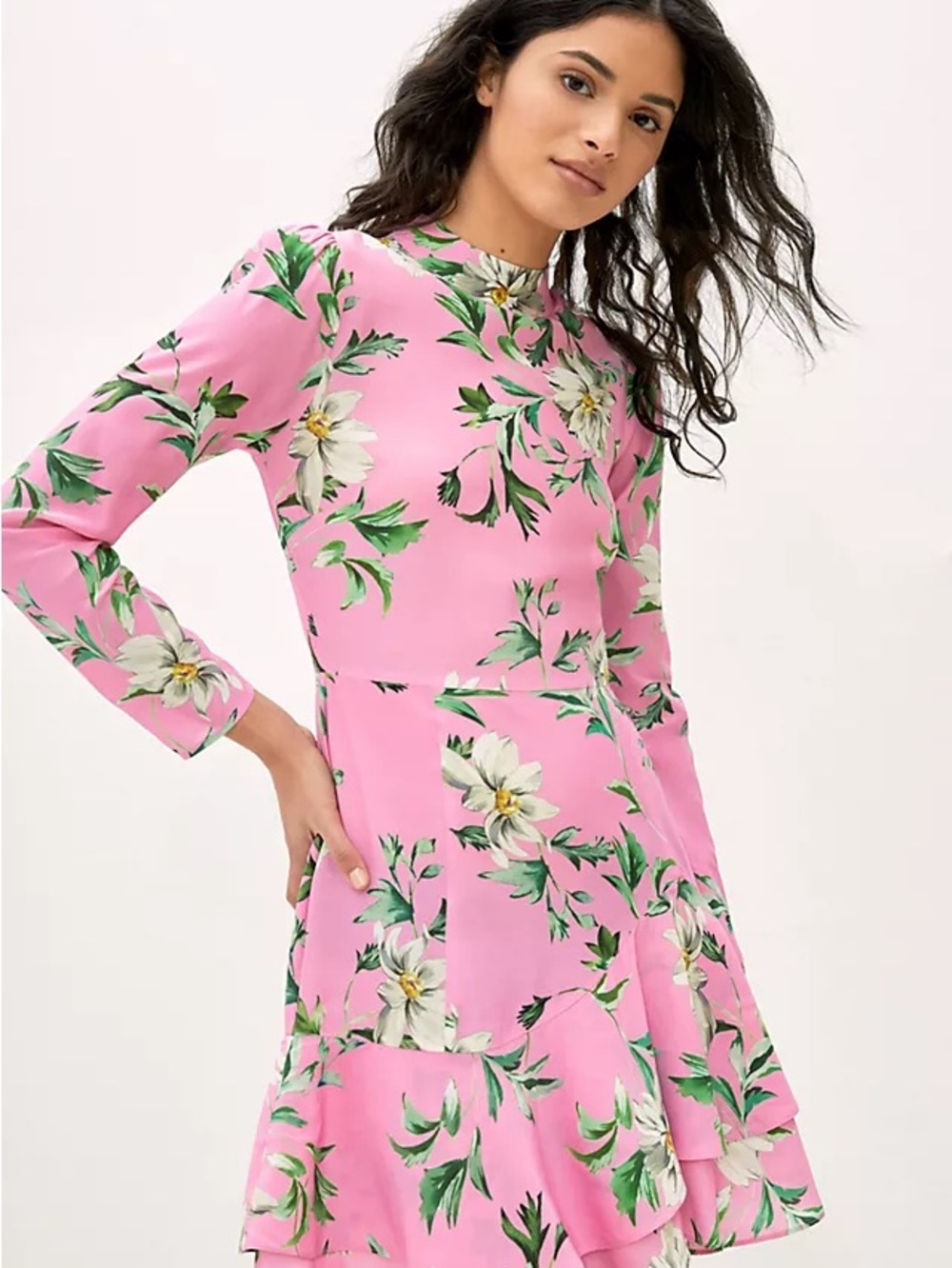 Yumi Kim Anthropologie Pink Floral Morning Grace Long Sleeve Mini Dress size XS